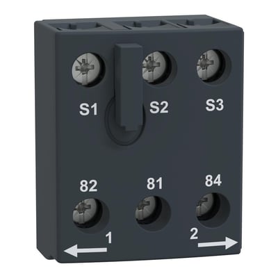 Mørkegrå hjælpekontakt til reversering, LU9MR1 fra Schneider Electric, set fra fronten med skrue terminaler mærket S1, S2, S3, 82, 81, 84, 1 og 2.
