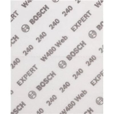 Nærbillede af Bosch EXPERT W480 Web slibeark, der viser gentagne logoer og kornstørrelse 240 på det fleksible WEB materiale.