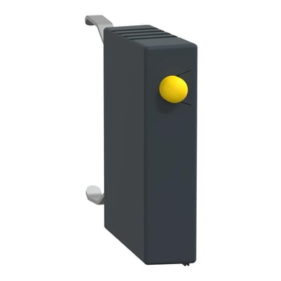 Mørkegrå Schneider Electric varistor med gul indikatorlampe, designet til frontmontage på serie K og D kontaktorer.