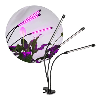Kobi VITARO 3 CLIP plantelys i sort med tre fleksible lyshoveder, vist med lilla lys over grønne planter.