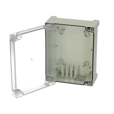 Fibox Tempo TPC241911T-kasse på 240 x 191 x 107 mm i lysegrå med transparent dæksel åbnet, så indersiden ses.