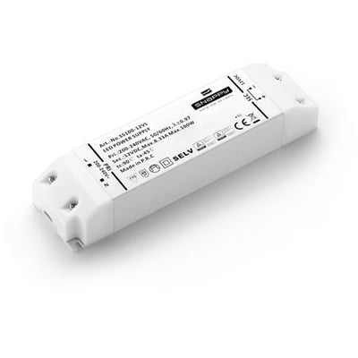 Hvid Triac dæmpbar LED driver fra Snappy, 100W og 24V, med tydelig mærkning af specifikationer og godkendelser.