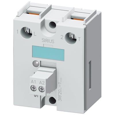 Siemens SIRIUS 3RF20 solid-state relæ, 1-faset, 20A, 48-460V, 24VDC med skrueklemmer og lille blå skærm.