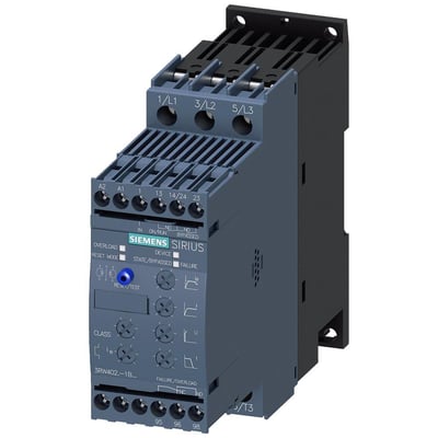 Siemens SIRIUS softstarter S0 32A 18,5kW med skrueklemmer og tydelige mærkninger for funktioner og tilslutninger.