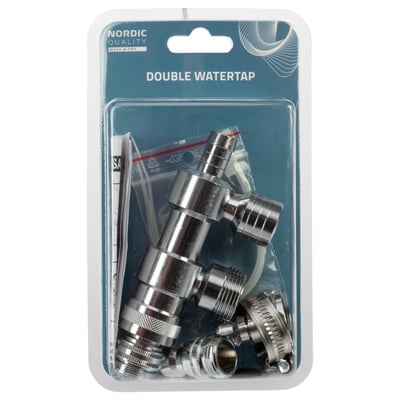 Nordic Quality dobbelt vandkobling 3/4" i sølv, vist i original emballage med fittings og instruktioner.