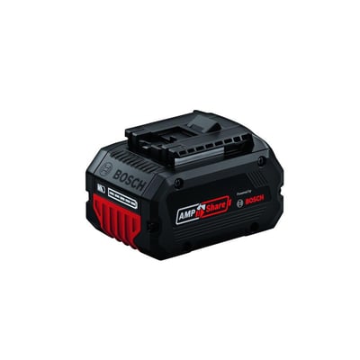 Bosch ProCORE18V 5.5Ah batteri med sort, rød og hvidt design, der viser AMPShare logo og ladestatusindikator.