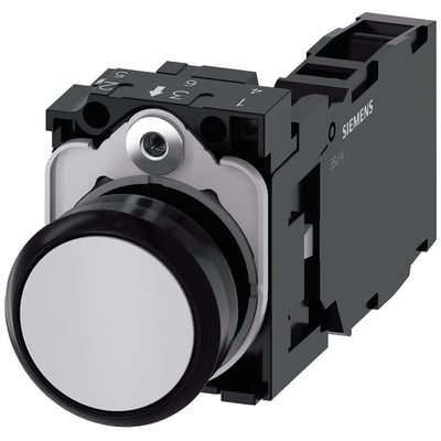 Siemens 22mm rund trykknap i grå plast med 1NO1NC kontakt, visende skrueterminaler og mærkat. Robust design med tydelig Siemens logo.