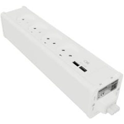 Hvid møbelboks fra Lauritz Knudsen med 4 stikkontakter samt USB A og C indgange, monteret på et skrivebord.