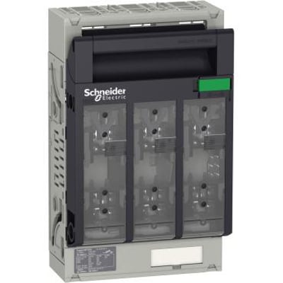 Schneider Electric Fupact ISFT250 sikringslastadskiller med 3 poler og en nominel strøm på 250 A, designet til bagplademontering med synlig DIN NH01 sikringsposition.
