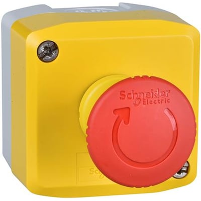 Schneider Electric nødstopbox med gult låg, rød svampeknap og drej-for-frigivelse mekanisme på hvid baggrund.