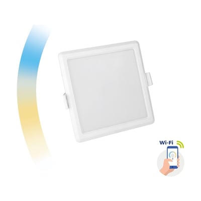 Hvidt, kvadratisk SpectrumLED Algine 6W Smart Home LED-indbygningspanel med Wi-Fi-symbol og farveskiftende lysgrafik.