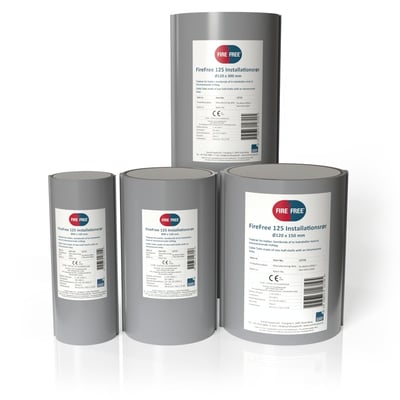 FireFree 125 installationsrør, Ø60x150 mm, vist som grå cylinderrør med hvide produktetiketter.