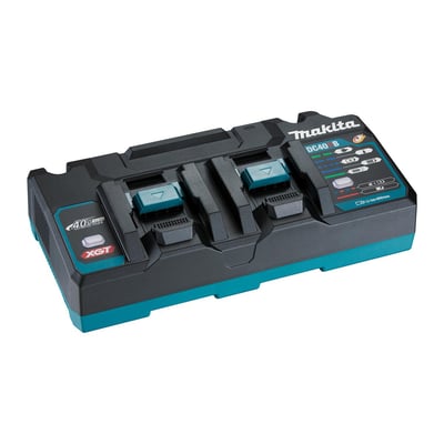 Makita DC40RB 40V dobbeltlader set fra siden, viser dens kompakte design med XGT® logo og statusindikatorer.