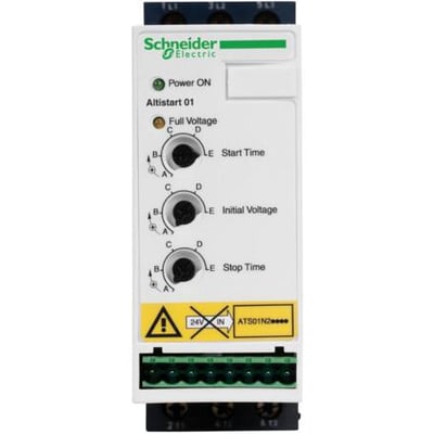 Schneider Electric Altistart 01 softstarter med 9A nominel strøm, vist frontalt med kontrolknapper til starttid, startspænding og stoppetid.