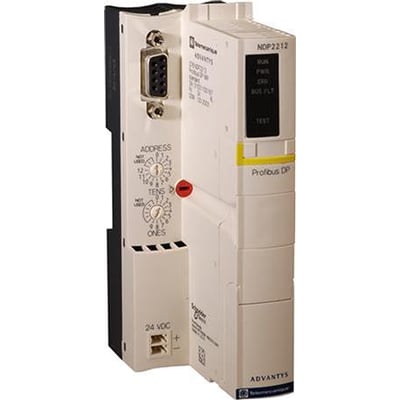 Schneider Electric STB NIM Profibus DP modul med drejekontakter til adresseindstilling og en 24 VDC strømtilslutning.