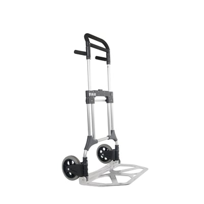 NH Handling FW-90L sammenklappelig sækkevogn i aluminium med sorte hjul og udfoldet læsseplade, til 200 kg.