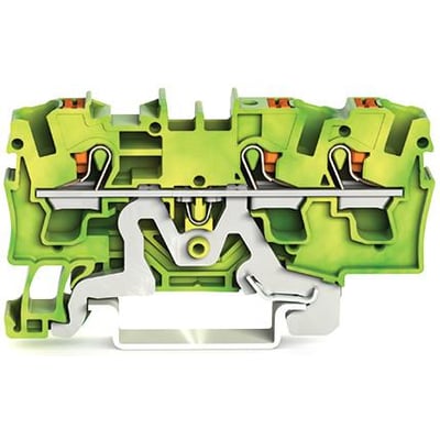 Wago 3-leder-jordklemme i grøn-gul viser push-in CAGE CLAMP teknologi og monteringsclips til DIN-skinne.