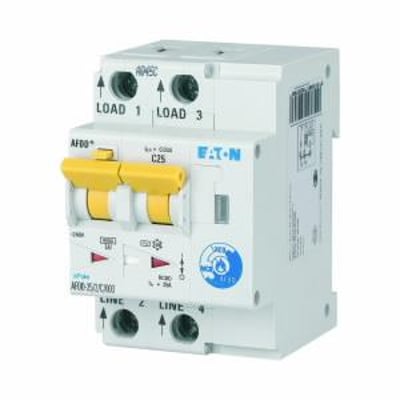 Eaton Gnistdetektor med indbygget kombirelæ, 25A C, 30mA, type AFDD2-25/2/C/003, monteret på DIN-skinne.
