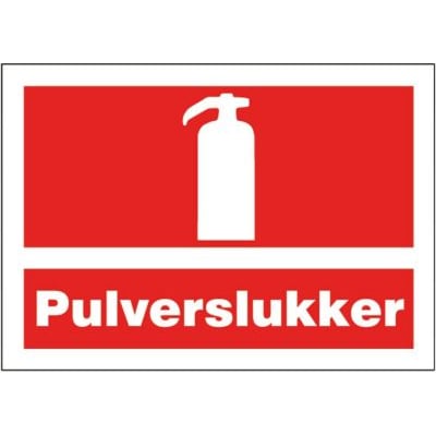 Pulverslukker skilt i plast, A4 størrelse 210 x 297 mm med hvidt symbol for pulverslukker og tekst på rød baggrund.
