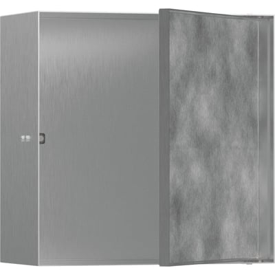 Hansgrohe vægniche i børstet rustfrit stål med en flisebar push-open låge, viser de ydre dimensioner på 300x300x140mm.