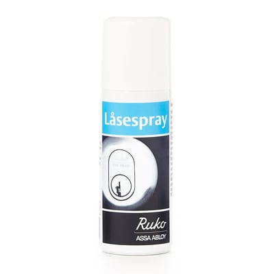 Assa Abloy Ruko låsespray på 50 ml i en hvid spraybeholder med blå og sort etiket.
