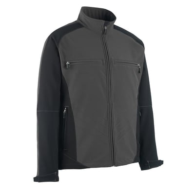 Sidebillede af Mascot softshell jakke i mørk antracit og sort, viser pasform og lynlåslommer. Størrelse 4XL.