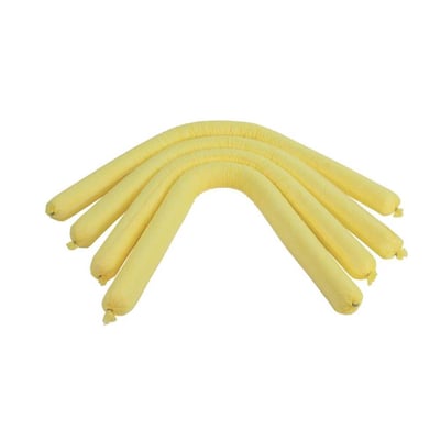 Gule kemikalieabsorptionsslanger på 120 cm og 7,5 cm i diameter ligger samlet i buer; produktet sælges i pakke med 20 stk.