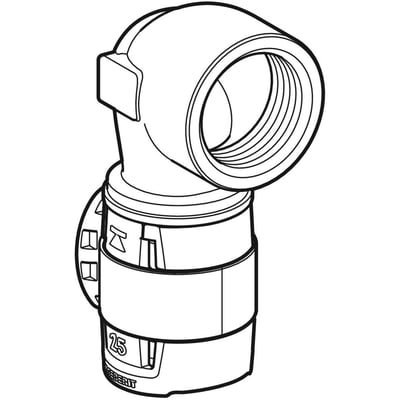 Geberit FlowFit 90° bøjning med indvendigt gevind og 25mm tilslutning, vist som en teknisk tegning i sort/hvid.