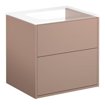 Gustavsberg vaskeskab i ferskenfarve med to skuffer og integreret hvid håndvask. Mål 600x465x550mm.