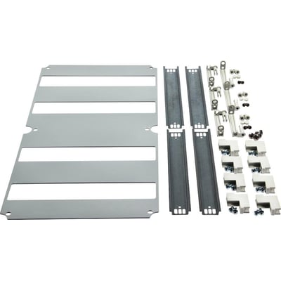 Fibox DIN-indsats med afstandsstykker, DIN-skinner og dækplade, alt i grå plast og metal.