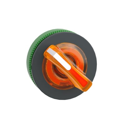 Overbliksbillede af Schneider Electric Harmony XB5/ZB5 drejegreb i orange, vist med en grøn tandkrans bagpå på hvid baggrund.