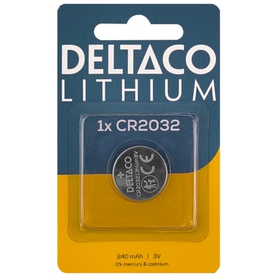 DELTACO CR2032-litiumbatteri på gul og blå blisterpakning med synligt 3 V og 240 mAh.