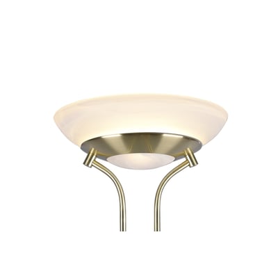 Topdetalje af TRIO Lighting Orson gulvlampen i messing med hvid opal skærm og integreret LED lyskilde.