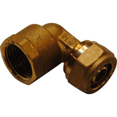 Messing pexvinkel med muffe i 15mm x ½" dimension, viser en 90 graders bøjning med indvendige gevind og en kompressionskobling.