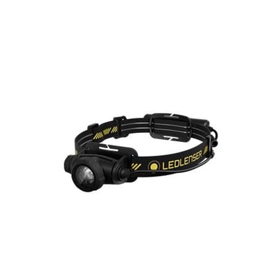 Ledlenser H5R Pro genopladelig pandelampe på 750 lm med sort lampehus, hovedrem og gule detaljer.