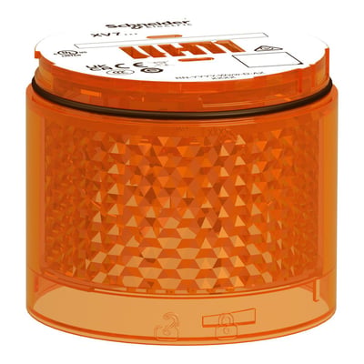 Schneider Electric orange LED lysmodul, Ø70 mm, blinkende med diamantformet reflektor og mærkeinformation.