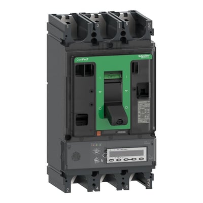 Detaljeret billede af Schneider Electric ComPacT NSX630R maksimalafbryder med 500A MicroLogic 6.3 EM relæ og tydeligt synligt digitalt display.