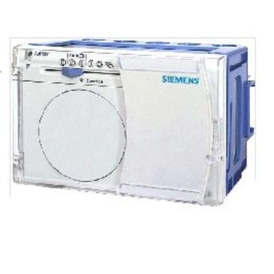 Siemens RVP201.0 varmeregulator uden urstyring med et hvidt frontpanel med et cirkulært display og blå betjeningselementer.