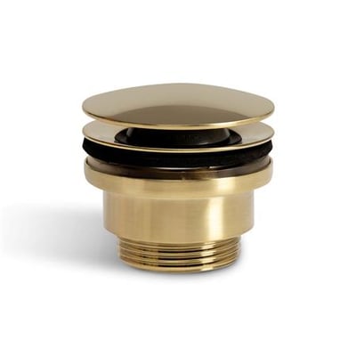 Pop up bundventil med 1 1/4" gevind i børstet guld messing til badeværelset, vist på hvid baggrund.