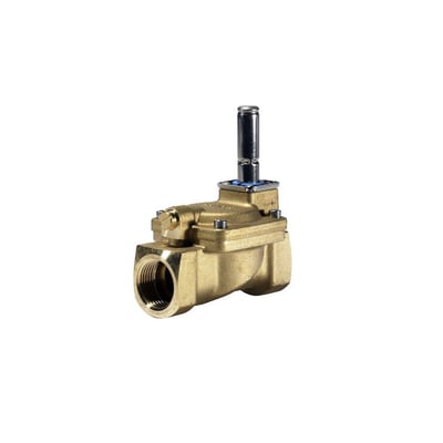 Danfoss Ev220B25B magnetventil i messing med synlig G 1" indvendig gevind og servostyret membran, set fra siden.