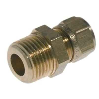 VSH kompressions overgangsstykke i messing med 3/4" udvendig gevind og 28 mm kompressionsnippel til rør.