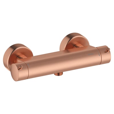 Damixa Iris termostatbatteri i børstet kobber med 2-grebs betjening og synlig termostatfunktion på vægmontering.