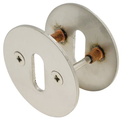 Assa Abloy nøgleskilt 8625-279M 4x16 med lyse, ovale plader, aflange nøgleåbninger og synlige skruer.
