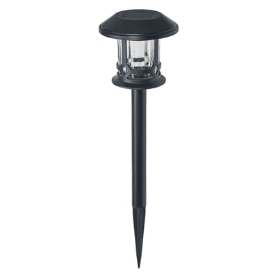 Osram SMART+ Path Solar bedlampe i sort aluminium med solcelle og klar glascylinder på en hvid baggrund.