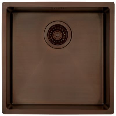 Lavabo Kubus 400 Soft køkkenvask i bruneret massiv messing, set ovenfra med firkantet kumme og kurveventil.