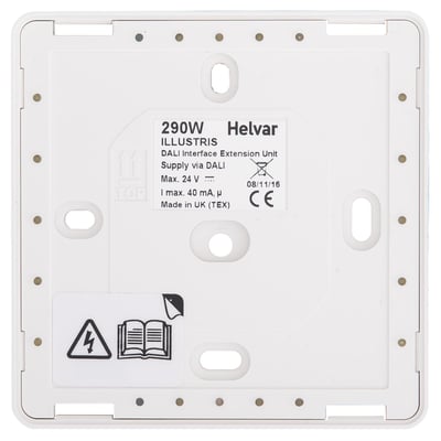 Bagan af Helvar Illustris Dali Interface med specifikationer som 290W, Dali Interface Extension Unit, Max. 24 V, Max. 40 mA, og CE-mærkning.