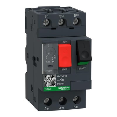 Schneider Electric TeSys GV motorværn til 3-fasede motorer, 0,63-1A indstillingsområde, med stop- og startknap.