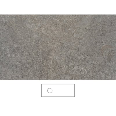Svedbergs Mineral bordplade i kalksten, 121x46 cm, med grå, marmoreret overflade og skitse af udskæringen.
