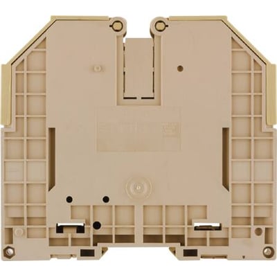 Weidmüller WDU 120/150 gennemgangsklemme i beige, skrueklemme til TS 35 DIN skinne, vist forfra med detaljeret gitterstruktur.