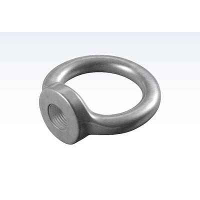 Roliba øjemøtrik med 12 mm gevind og 30 mm ydre diameter, set skråt med det runde øje og gevindhul synligt.